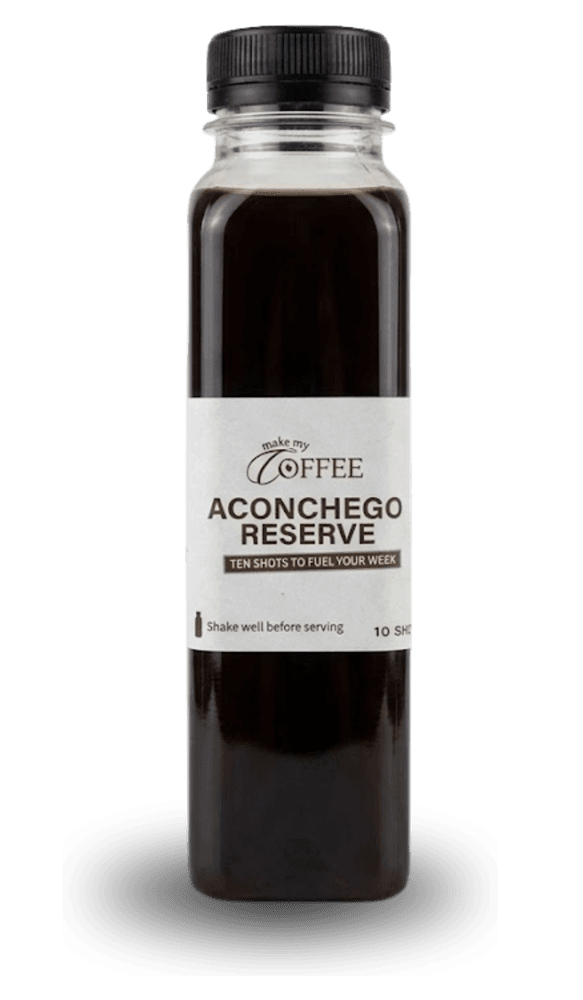 Aconchego Reserve: a 300ml bottle of 10 Aconchego espresso shots, black cap, white Make My Coffee label