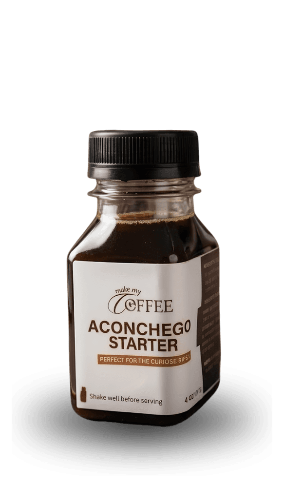 Aconchego Starter: a 120ml bottle of 4 Aconchego espresso shots, black cap, white Make My Coffee label