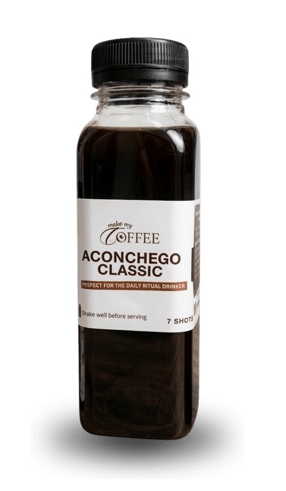 Aconchego Classic: a 210ml bottle of 7 Aconchego espresso shots, black cap, white Make My Coffee label