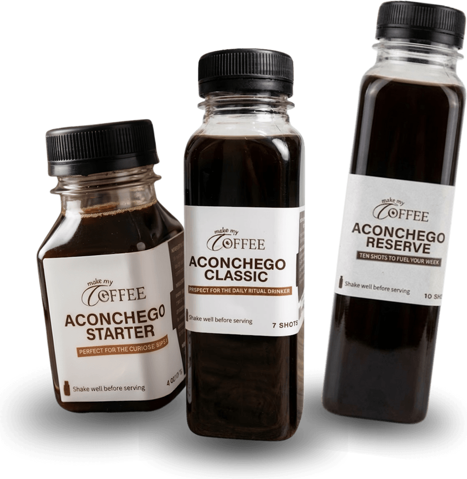 The three Aconchego bottles side by side, smallest to largest: Aconchego Starter (4 shots, 120ml), Aconchego Classic (7 shots, 210ml), Aconchego Reserve (10 shots, 300ml)